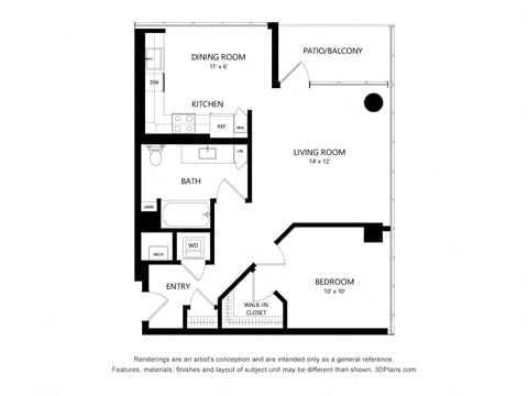 Floor plan for 1 bed, 1 bath, 786 sqft